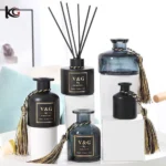 Elegant Smoky Gray Glass Diffuser - Wide Base Empty Bottle with Wood Lid, Includes Reeds & Dried Flowers for Home Fragrance - Image 2